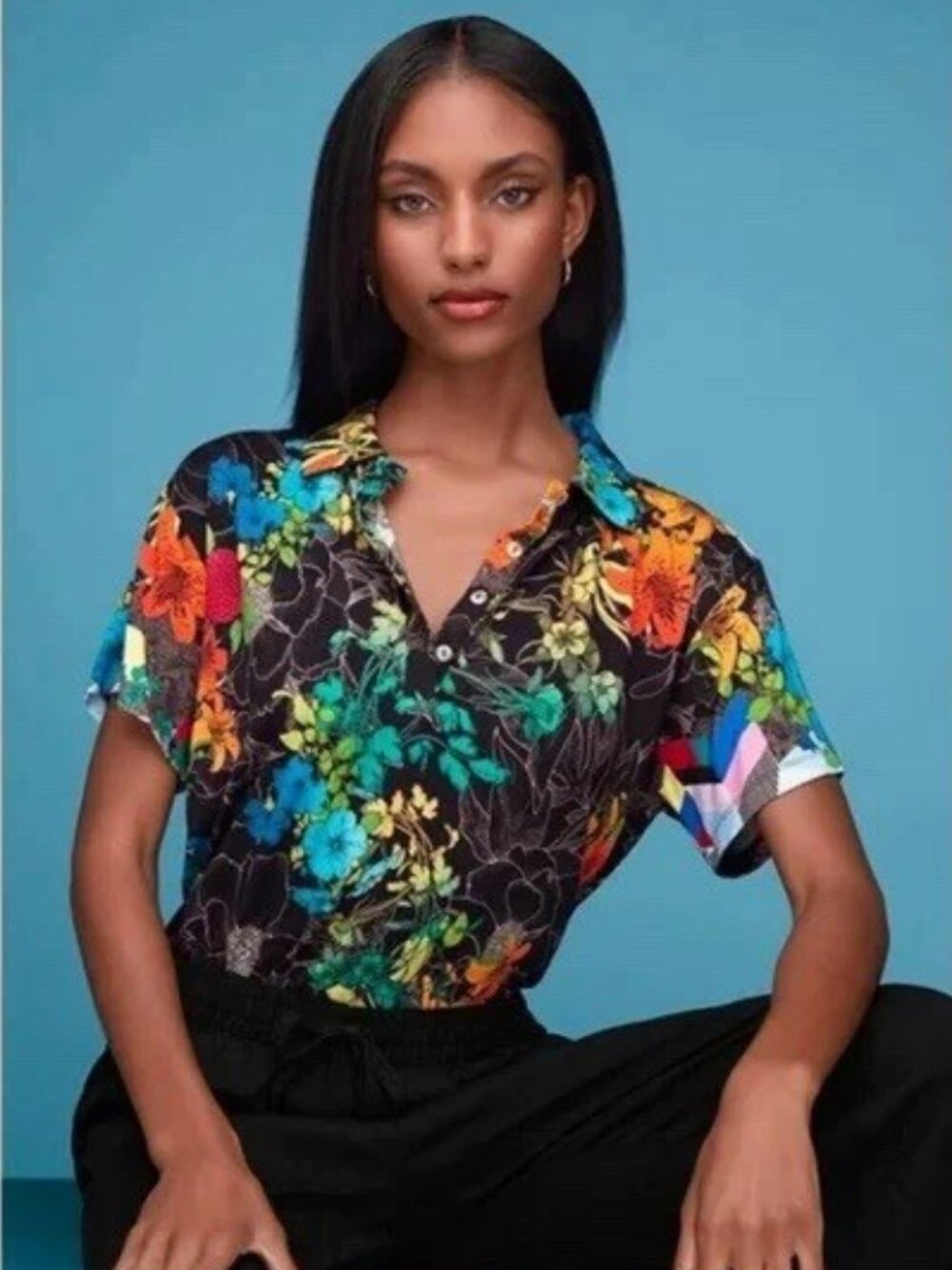 Johnny Was Nero Sequence Floral Print Short Sleeve Shirt